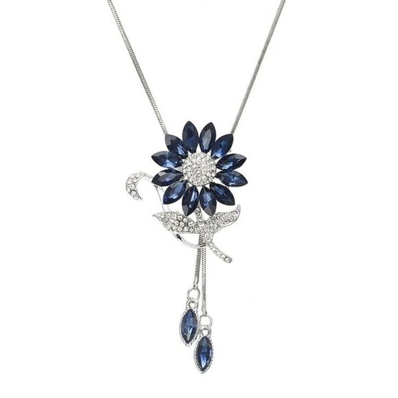 Bling Queen CZ Simulated Sapphire Sunflower Sliding Pendant Necklace - Picture 4 of 9